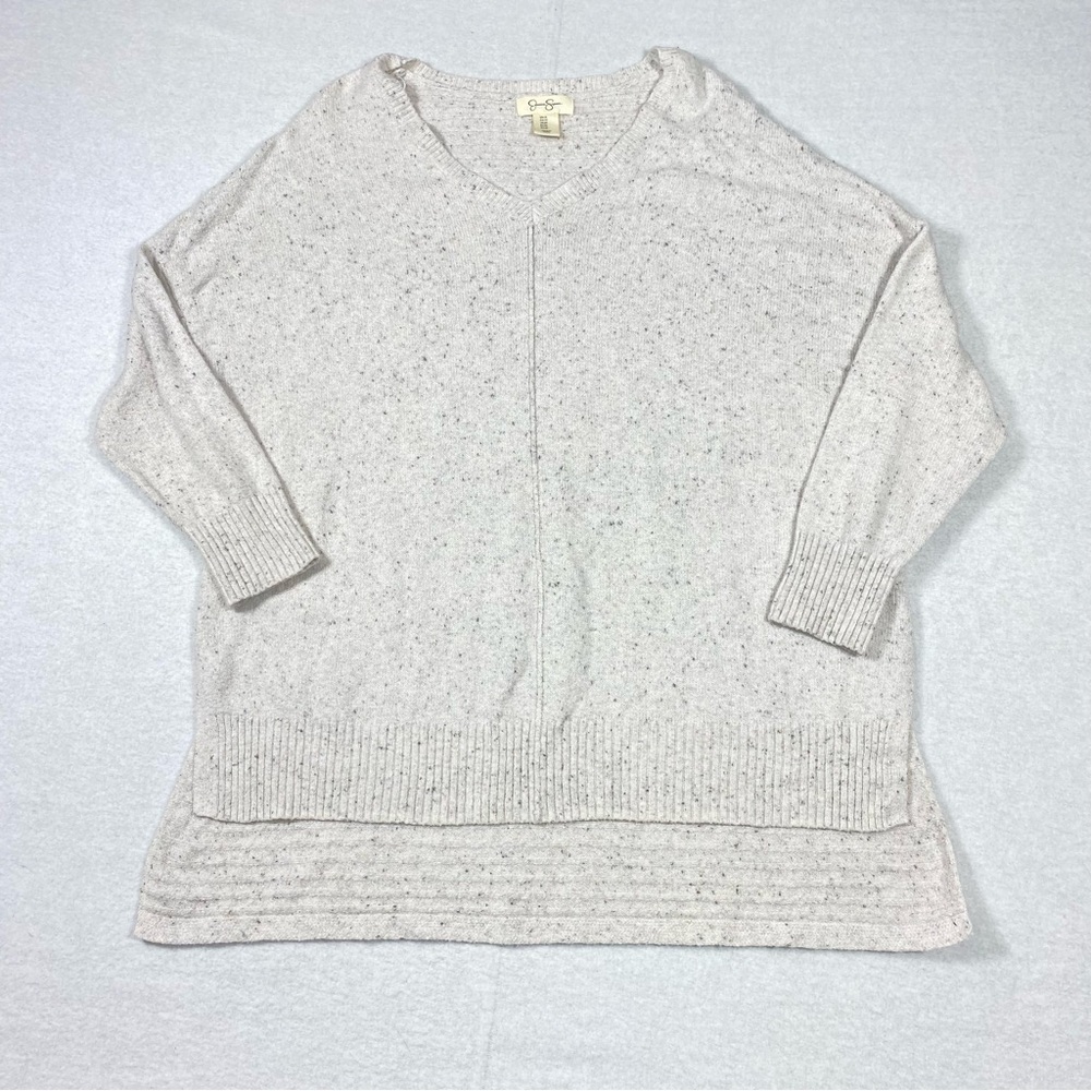 Jessica Simpson Tunic Sweater Women's 1X Oatmeal Speckled Hi Low Hem V Neck Cozy
